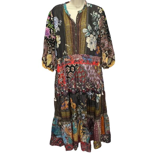 Johnny Was Tibby Patchwork Floral Silk Maxi Dress Size L Pockets Tie Waist